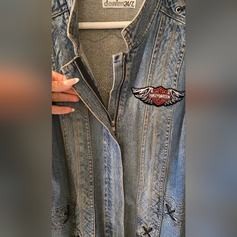 Denim&Co Denim Blue Lace-Up Jean Jacket With Harley Davidson Patches Size 22W - Picture 3 of 8